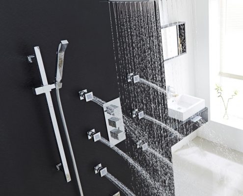 Valquest Thermostatic Shower System with 12" Ceiling Head, Handshower & 6 Square Jet Sprays